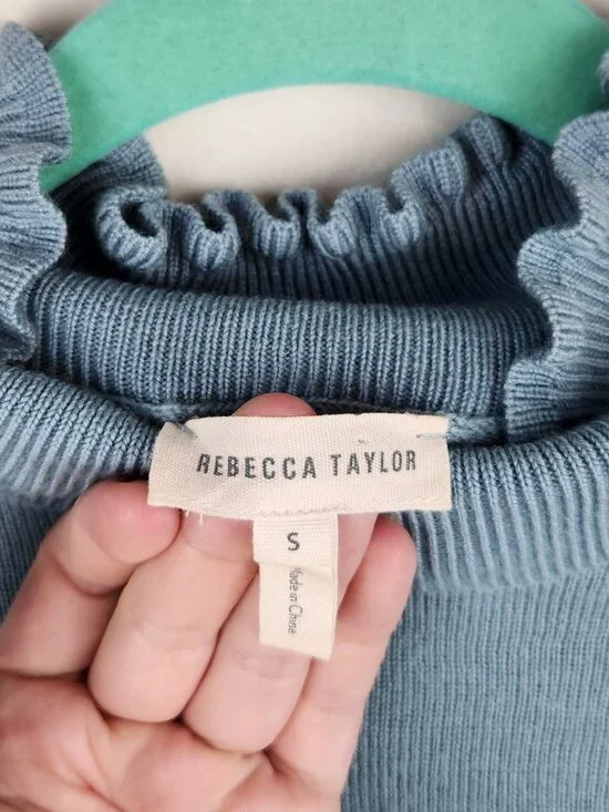 Rebecca Taylor 100% Merino Wool Ruffle Trim Mockneck Sweater Blue sz S *read* - Picture 7 of 11